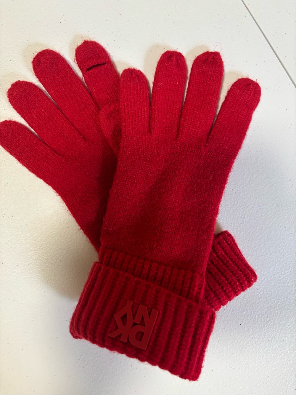 DKNY Bright Red Kids Knit Gloves with Logo Cuff